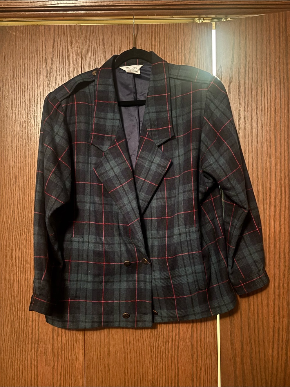 TanJay Black & Green Plaid Double-Breasted Blazer with Red Windowpane